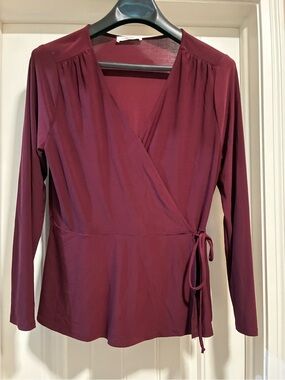 Women's Wrap-Front Long Sleeve Blouse in Burgundy